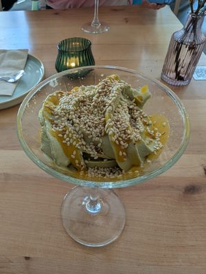 Matcha soft serve with mango at Chutnej in Prague