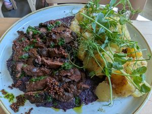 Lions mane steak with potatoes and red cabbage puree at Chutnej in Prague