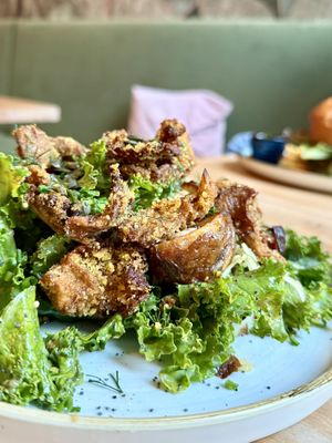 Fried oyster mushrooms with kale  at Chutnej in Prague