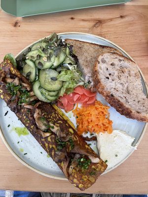 Mung bean omelette with mushrooms and salad  at Chutnej in Prague