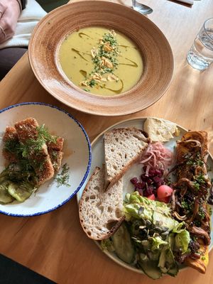 Sweetcorn soup, polenta croquettes, and mung bean omelette    at Chutnej in Prague