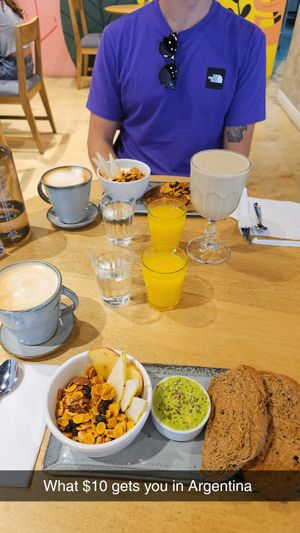 Vegan avocado toast breakfast meal and vegan pancake breakfast meal with soy milk coffees, very good value at Greeners in Salta
