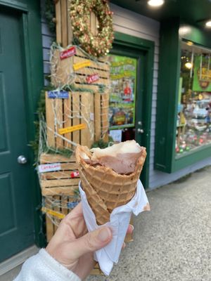 Vegan vanilla and chocolate on waffle cone   at Ben & Bill's Chocolate Emporium in Bar Harbor