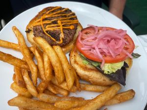 Plant based burger with amazing fries  at KoKo Cabana in Oak Island