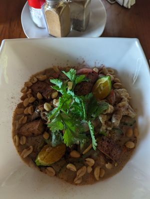 Rice noodle peanut tofu w stir fried veggies at AmaSer in Puerto Viejo De Talamanca