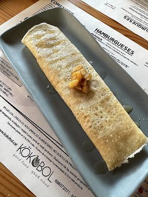 Warm apple & cinnamon crepe with salted caramel drizzle at Kokobol in Igualada