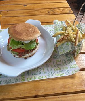 Burger with fries  at El Vegan in Santiago