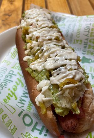 Chilean hotdog “completo"  at El Vegan in Santiago