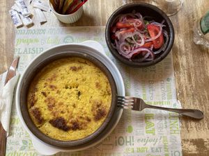 Pastel de choclo with “chilean salad"  at El Vegan in Santiago