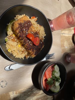 Crispy fried tofu and ricee  at El Vegan in Santiago