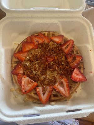 The vegan “elvis” waffle sub strawberries  at TIABI Coffee & Waffle Bar in Las Vegas