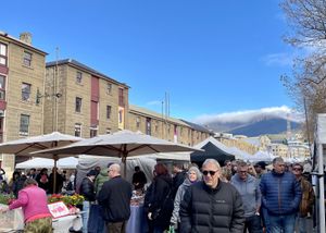 A view of the Salamanca market, from the bottom end, looking up toward the Mountain.  at Salamanca Market in Hobart