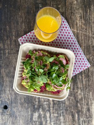 AVOCADO TOAST. VEGAN. HOUSE MADE BEET HUMMUS. LOCAL ORGANIC PEA SHOOTS.  at Cowbell Kitchen in Leesburg