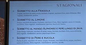 Fresh seasonal sorbetto available in great flavors!  at Gusto Caruso in Polignano A Mare