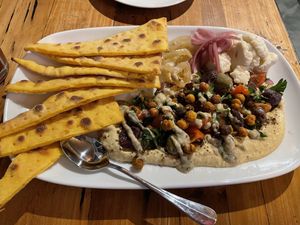 Hummus Schwarma Platter, served w sweet potato pitas..  at Lago 210 in Hamburg