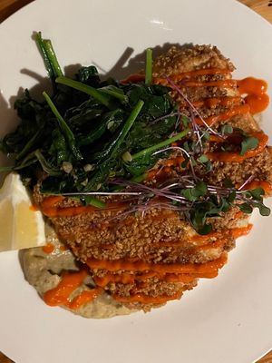 Tofu Schnitzel.. crispy exterior, melt in your mouth delicious !  at Lago 210 in Hamburg