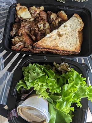 Small vegan trio - potatoes with onions, sourdough toast with rhubarb, and greens salad at Short Stack Eatery in Madison
