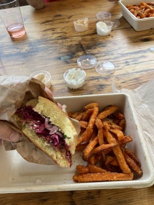 Jackfruit burger and sweet potato fries  at The Farm in Copenhagen