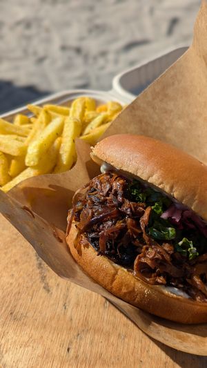 Pulled jackfruit burger with fries at The Farm in Copenhagen