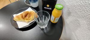 Juice and croissant with vegan cheese at AllVeggie in Alverca Do Ribatejo