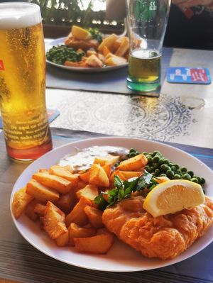 Homemade vegan tofish and chips...awesome! at The Funky Buddha Bistro in Lanzarote