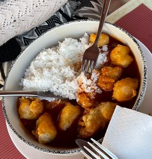 Sweet n sour tofu w rice  at The Funky Buddha Bistro in Lanzarote