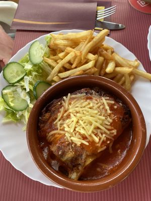 Lasagna with fries  at The Funky Buddha Bistro in Lanzarote