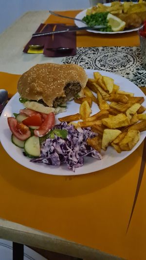 Bbq burger + chips at The Funky Buddha Bistro in Lanzarote