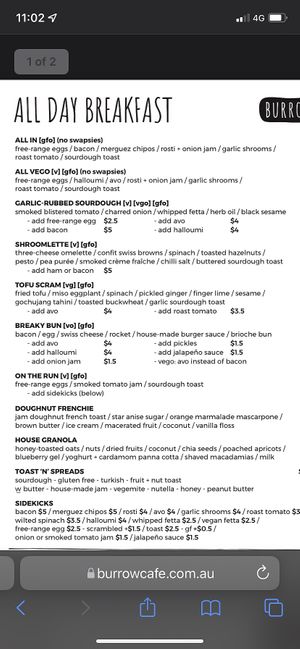 Weekend menu  at Burrow in Toowoomba