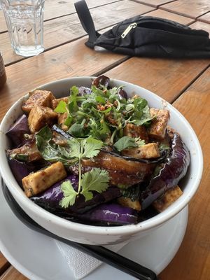 Incredible vegan eggplant and tofu (ask for the tofu not fried)   at Le Bleu in Austin