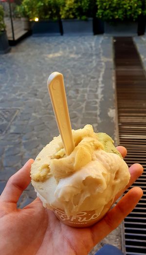 Apple with cinnamon, pistaccio and pear at Picchio Gelateria Naturale in Bracciano