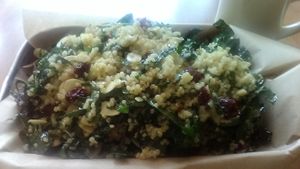 The Cafe's old standard, the Kale-Quinoa Salad, as a dine-in dish (ordered with no feta cheese; vegan cheese available as a second vegan option); almond, dried cranberries. 6/2021. at The Rosendale Cafe in Rosendale
