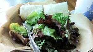 A vegan Rosendale Cafe sandwich: The Gyro Wrap with Tahini Sauce and Salad Greens as the Side. (Other gyro sauce not vegan; vegan side options are greens, potato salad, corn chips) at The Rosendale Cafe in Rosendale