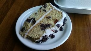 Vanilla Chocolate Chipper cake from Rosendale Cafe. Half in take-home box at back of picture. All cakes at Rosendale Cafe have always been vegan. Picture July 2021.  at The Rosendale Cafe in Rosendale