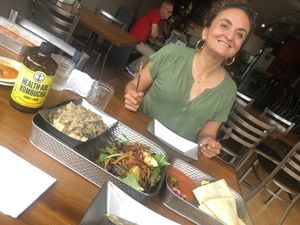 Mushroom tofu stroganoff, Spinach quesadillas with vegan cheese, and a very happy diner!  at The Rosendale Cafe in Rosendale