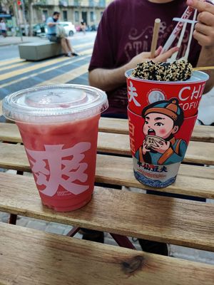 Watermelon drink and black sesame dango at Chinese Tofu Magician in Barcelona