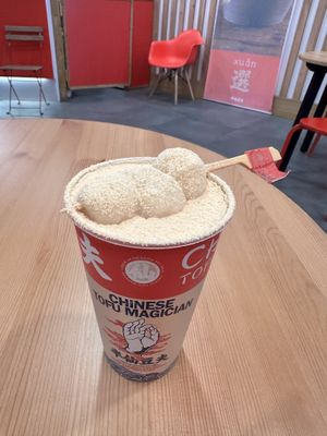 Soy milk with jasmine tea, jelly inside and dango on top.   at Chinese Tofu Magician in Barcelona