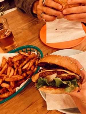Double cheese burger with bacon and fries. All vegan ofc ;) at Beauty's  in Lisbon