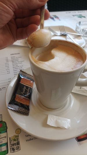 Cafe de soja muy cremoso. Como capuchino. at Gure Etxea in Pamplona