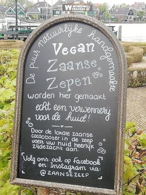 Sign advertising vegan soap on the Zaanse Schans at Zaanse Zeep in Zaandam