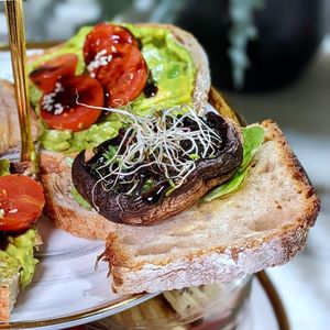 Mini Sourdough Toasts: Avocado & Vine Tomato, Portobello Mushroom at Oatberry Cafe - Scotts Square in Central Singapore