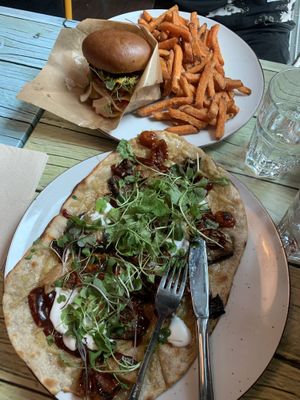 Egplant-”chicken” flatbread and meatingles burger with fries  at Junk y Vegan in Helsinki