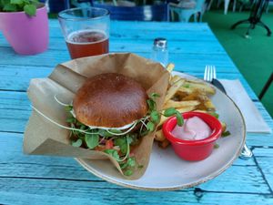 Faux chicken burger with chips at Junk y Vegan in Helsinki