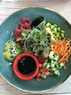 Bowl with cauliflower couscous and “chicken"  at Junk y Vegan in Helsinki