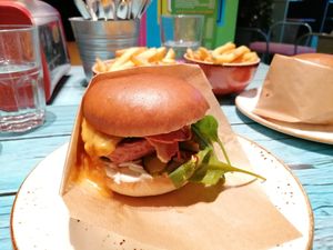 Meatningless Burger with fries, 17.50€ total at Junk y Vegan in Helsinki