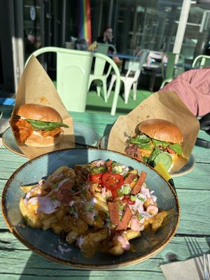 Two burgers and dirty fries (chips and sauces, really nice)  at Junk y Vegan in Helsinki