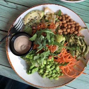Build Your Own bowl with lettuce base, seitan protein, and tahini dressing (I asked for it on the side)  at Junk y Vegan in Helsinki
