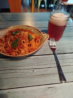 Bolognese pasta and kombucha at Junk y Vegan in Helsinki