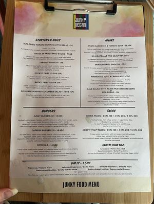 Menu  at Junk y Vegan in Helsinki