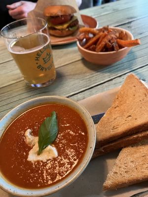 Tomato soup, toastie, sp fries and burger   at Junk y Vegan in Helsinki